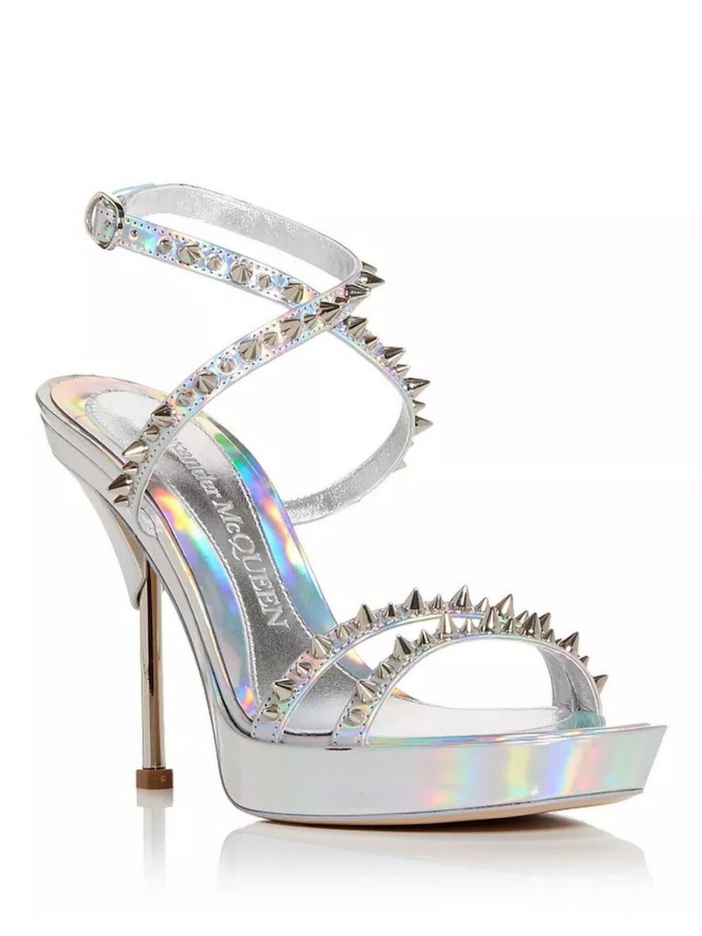 Alexander McQueen punk stud platform heels sandals holographic silver holo 38.5